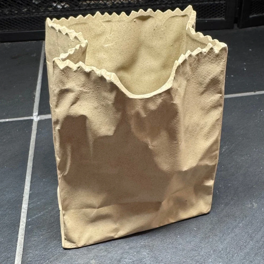 Ceramic Brown Paper‎ Bag Vase Trompe L'oeil Sculptural Planter Tan Decor 6 Inch